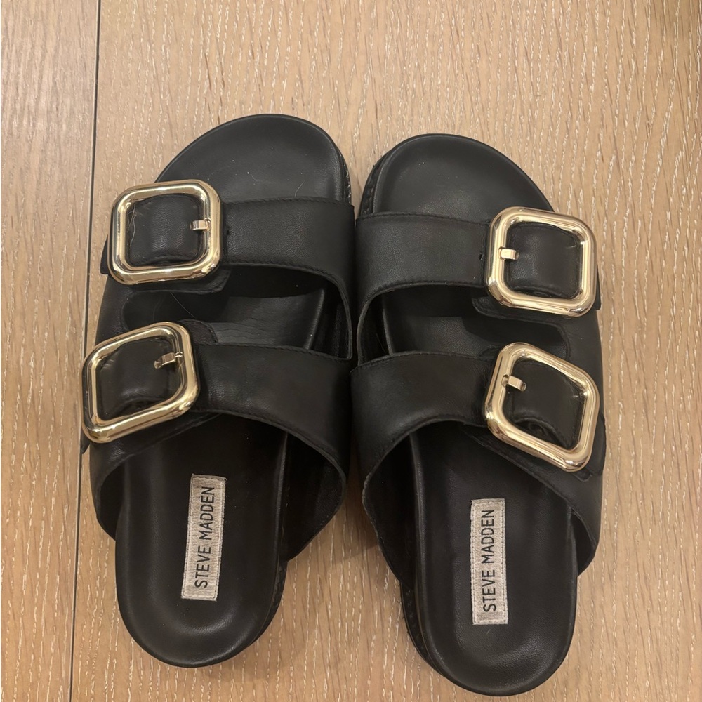 Steve Madden Black Slide Sandals with Gold Buckles